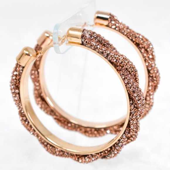 3" Braid Twist Champagne Rhinestone Hoop Earrings - Picture 7 of 12